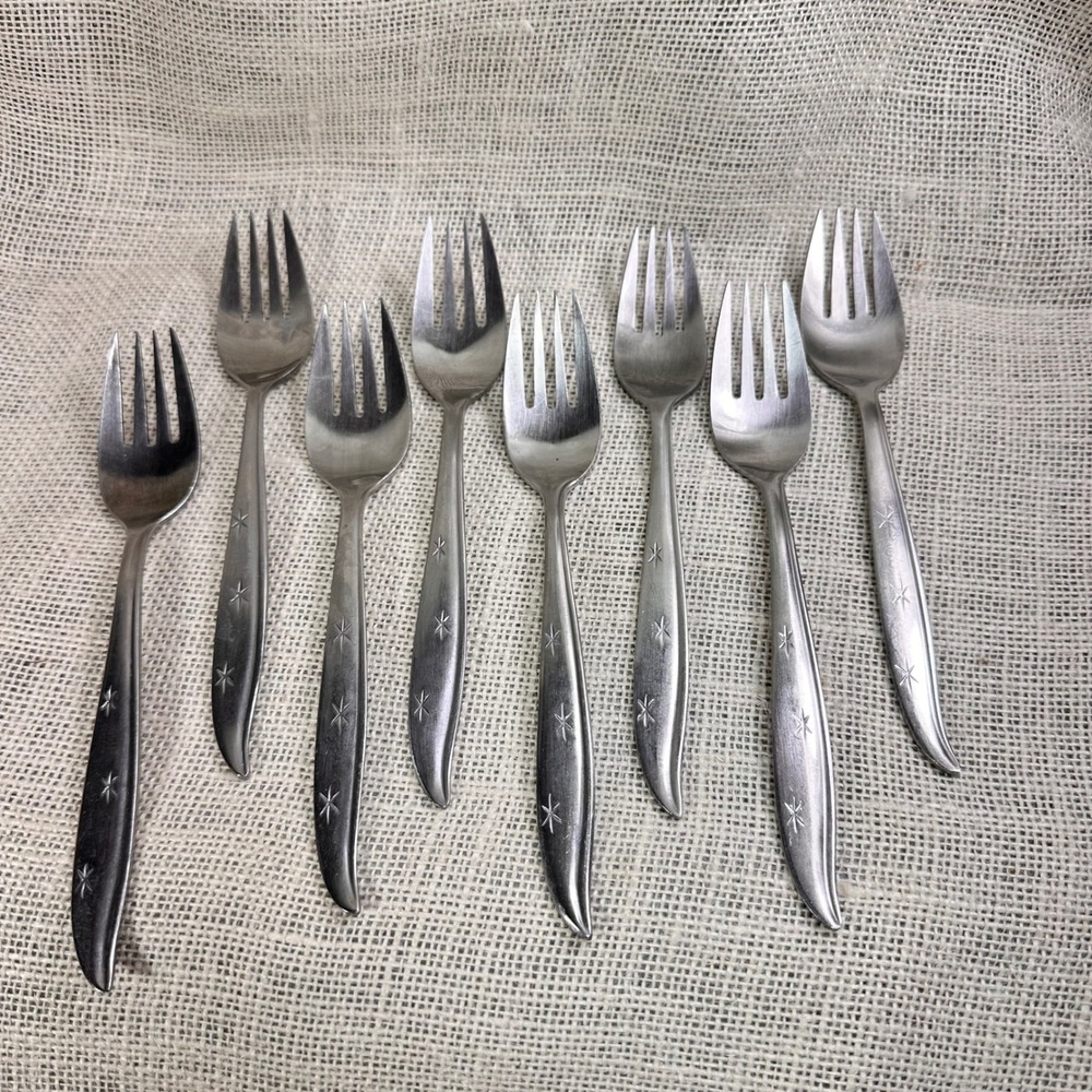 8 Vintage Nasco Starette Dinner Forks 7.25" Atomic Starburst Japan MCM Stainless